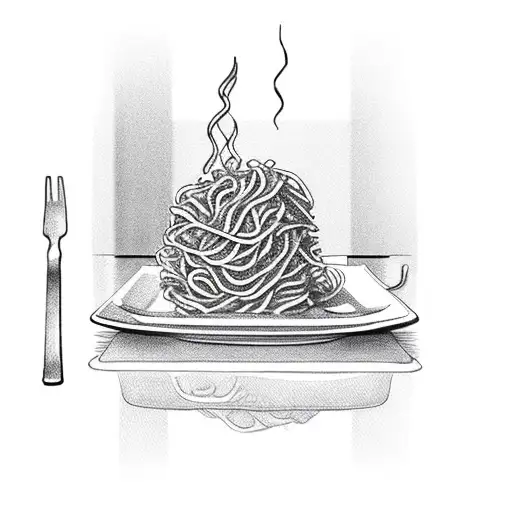 noodles on a plate with fork and ketchup  tattoo design idea