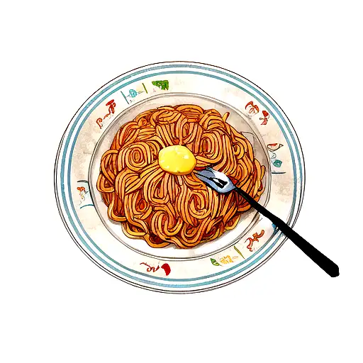 noodles on a plate with fork and ketchup  tattoo design idea
