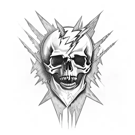 A skull wearing a Metallica t-shirt playing a guitar with lightning bolts coming out of it, symbolizing the client's love for metal music tattoo design idea