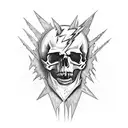 A skull wearing a Metallica t-shirt playing a guitar with lightning bolts coming out of it, symbolizing the client's love for metal music tattoo design idea