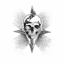A skull wearing a Metallica t-shirt playing a guitar with lightning bolts coming out of it, symbolizing the client's love for metal music tattoo design idea