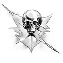 A skull wearing a Metallica t-shirt playing a guitar with lightning bolts coming out of it, symbolizing the client's love for metal music tattoo design idea