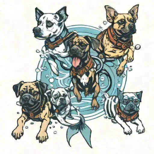 five dogs underwater in scuba equipment swimming with pisces fish tattoo design idea