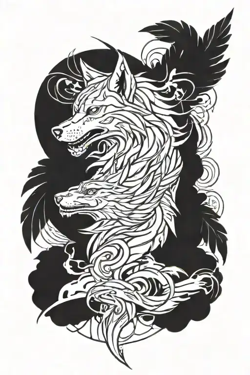 A dynamic composition of a wolf and phoenix in a graffiti-inspired style, with subtle nods to hiphop culture, in blackwork style tattoo design idea