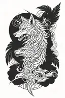 A dynamic composition of a wolf and phoenix in a graffiti-inspired style, with subtle nods to hiphop culture, in blackwork style tattoo design idea