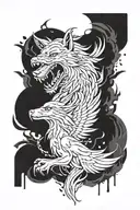 A dynamic composition of a wolf and phoenix in a graffiti-inspired style, with subtle nods to hiphop culture, in blackwork style tattoo design idea