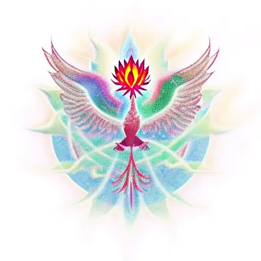 A phoenix rising from a red lotus flower, surrounded by spiritual symbols tattoo design idea