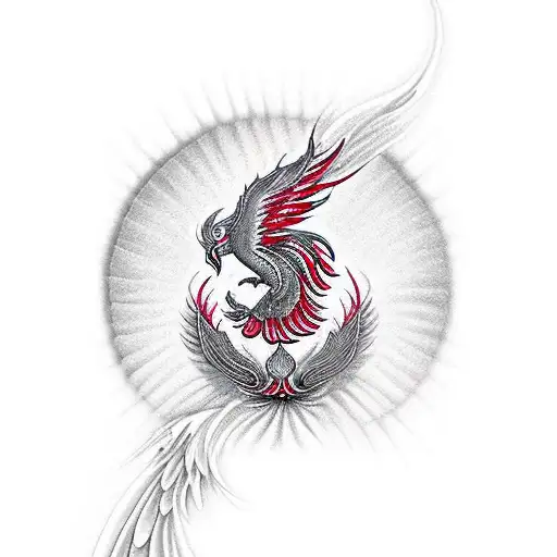 A phoenix rising from a red lotus flower, surrounded by spiritual symbols tattoo design idea