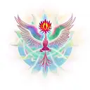 A phoenix rising from a red lotus flower, surrounded by spiritual symbols tattoo design idea