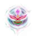 A phoenix rising from a red lotus flower, surrounded by spiritual symbols tattoo design idea