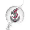 A phoenix rising from a red lotus flower, surrounded by spiritual symbols tattoo design idea