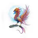A phoenix rising from a red lotus flower, surrounded by spiritual symbols tattoo design idea