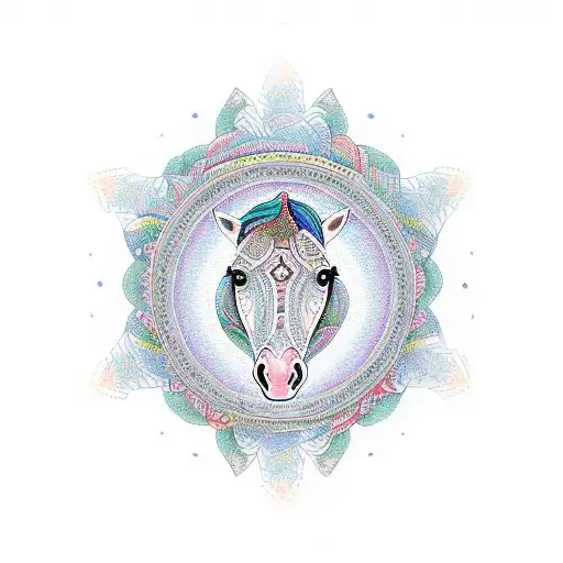 An intricate mandala design with a horse's head as the central focus tattoo design idea