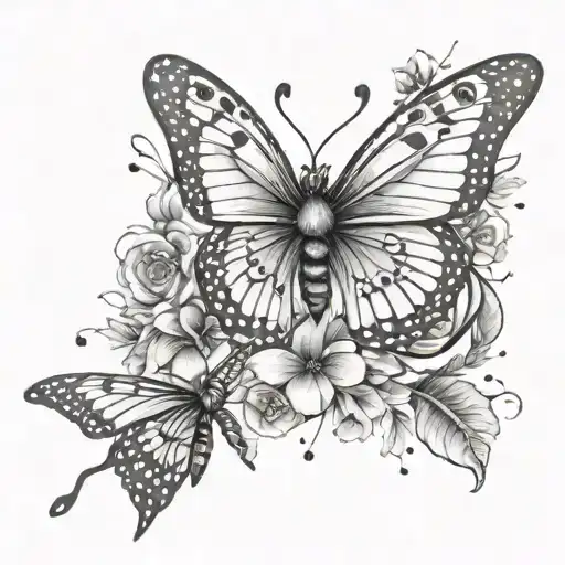 flowers butterfly's stars and bees flying tattoo design idea