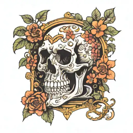 skull surrounded by flowers hourglass  tattoo design idea