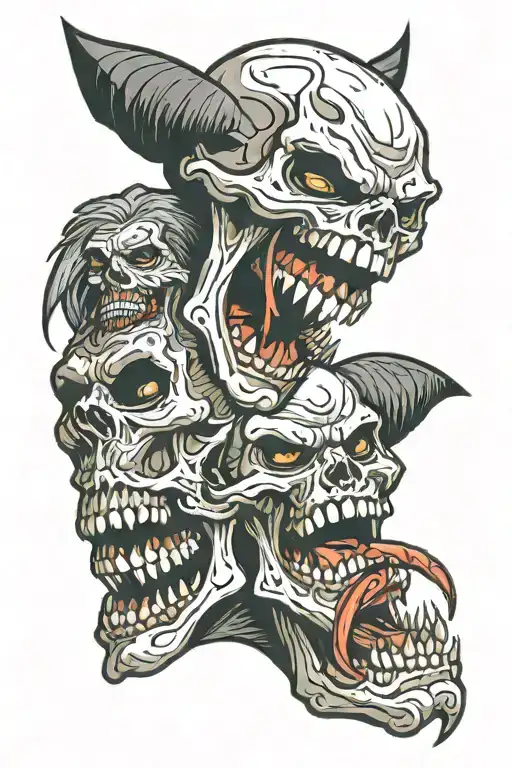 The laughing devil strangles a person with a strangler and a person has one half of his face in the form of a skull and  tattoo design idea