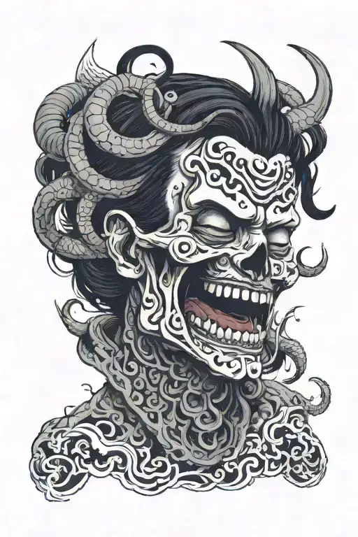 The laughing devil strangles a person with a strangler and a person has one half of his face in the form of a skull and  tattoo design idea