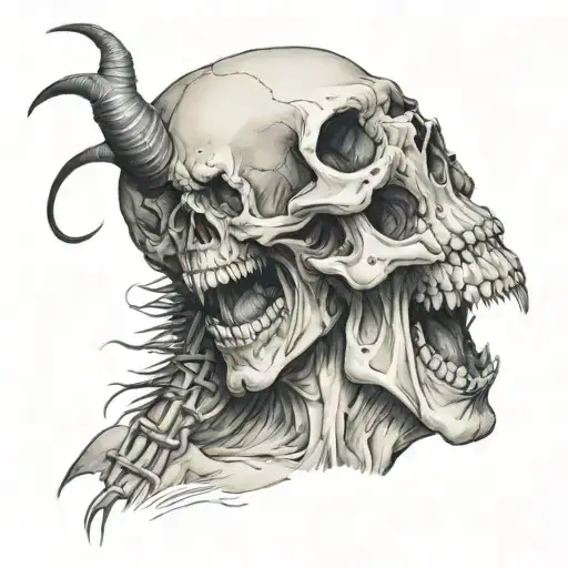 The laughing devil strangles a person with a strangler and a person has one half of his face in the form of a skull and  tattoo design idea