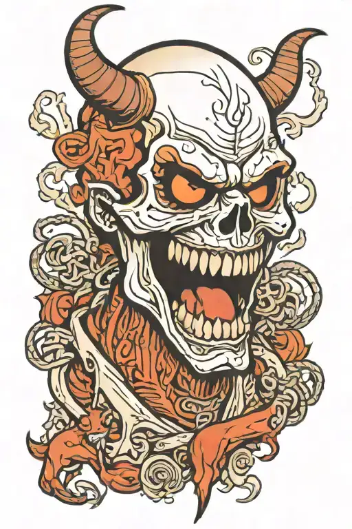 The laughing devil strangles a person with a strangler and a person has one half of his face in the form of a skull and  tattoo design idea