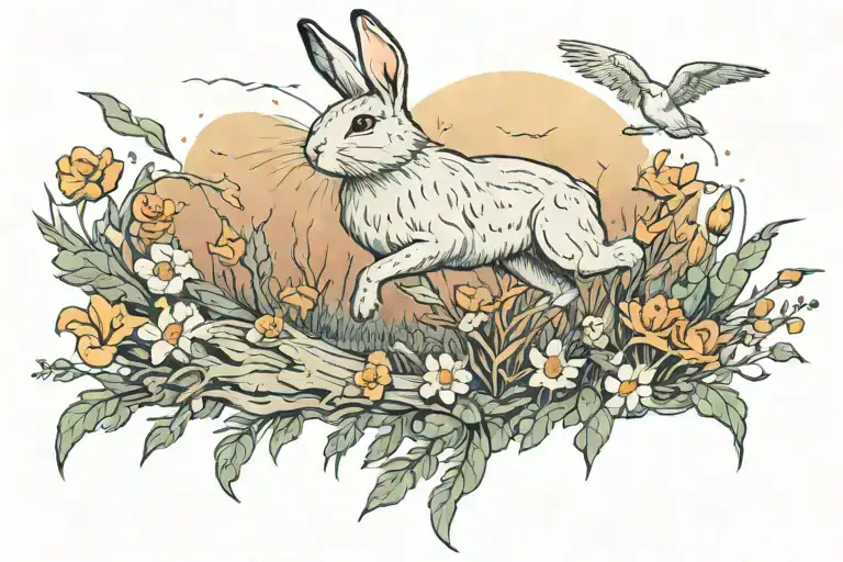 A rabbit escaping at night in a field of flowers. In the sky a lightning storm and a seagull flying high above. tattoo design idea