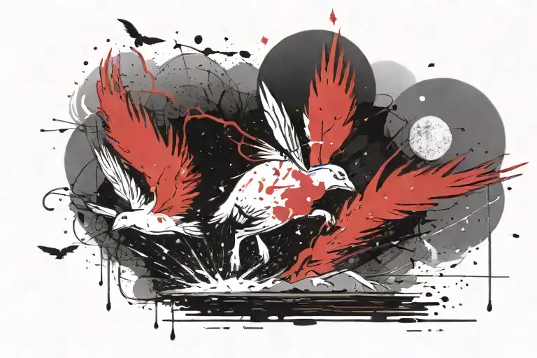 A rabbit escaping in a night and a ray of rain falling in the sky next to a seagull flying tattoo design idea