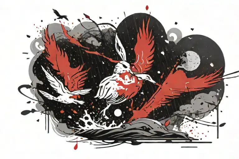 A rabbit escaping in a night and a ray of rain falling in the sky next to a seagull flying tattoo design idea