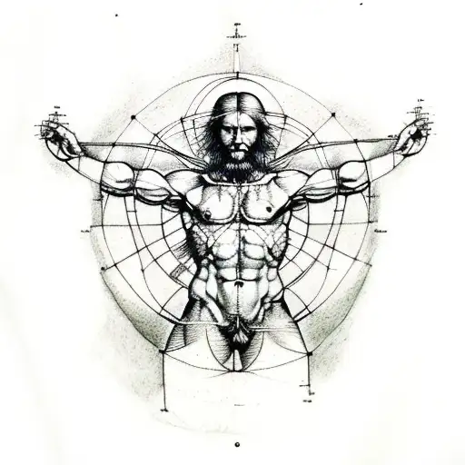 A sketch-style tattoo of Leonardo da Vinci's Vitruvian Man surrounded by a mystical forest tattoo design idea