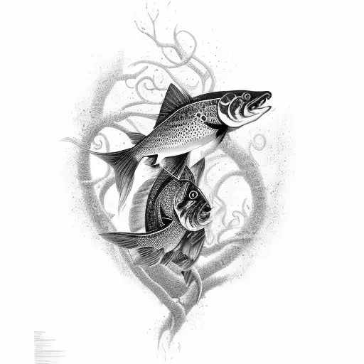 A gothic-inspired statue of a brook trout surrounded by swirling waves tattoo design idea