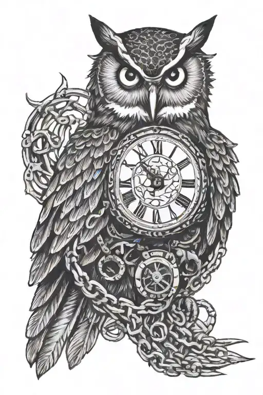 Flying owl clutching the chain of a pocket watch in it's claws tattoo design idea