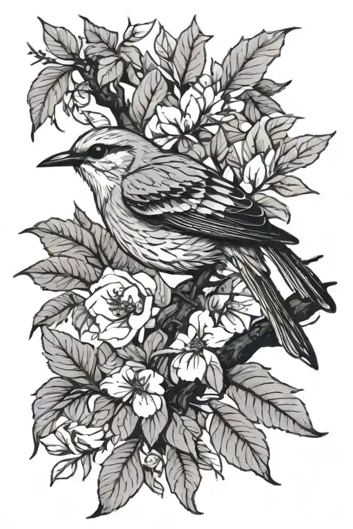 Mockingbird on a branch with foliage  tattoo design idea