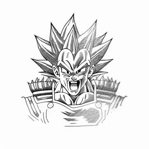 Vegeta, dragon ball, smiling, proud, after fight, full body photo, anime style tattoo design idea
