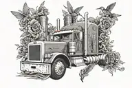 1985 peterbilt semi truck with smoke stacks that have music notes humming birds and roses out of them  tattoo design idea