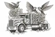 1985 peterbilt semi truck with smoke stacks that have music notes humming birds and roses out of them  tattoo design idea