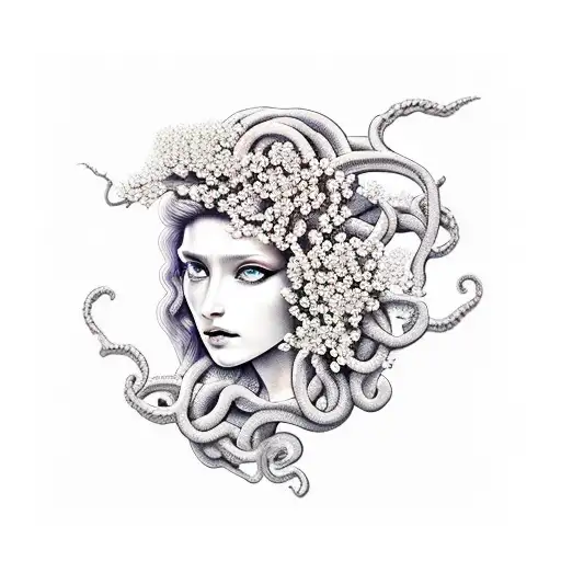 pretty medusa with small dogwood blossoms frame tattoo design idea