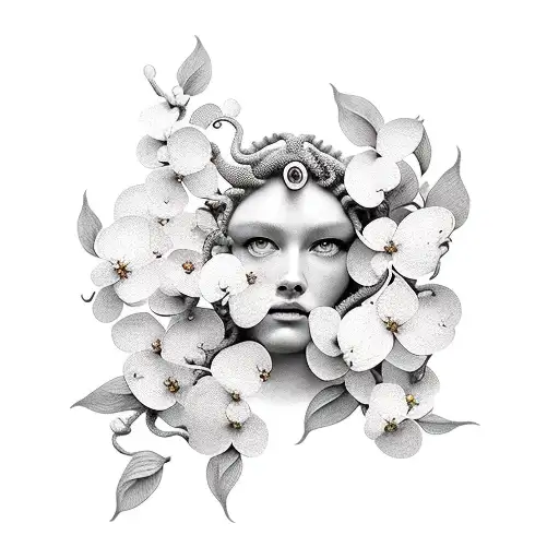 medusa with dogwood blossoms tattoo design idea
