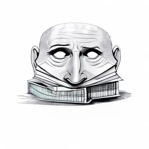 A stack of books with a comedy tragedy mask on top tattoo design idea