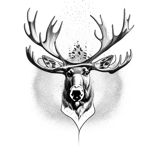 Full body moose outline with a dog paw print on his heart and the antlers spelling RCS, RCS, and PTS tattoo design idea