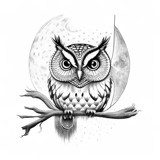 A wise owl perched on a branch with a crescent moon in the background tattoo design idea