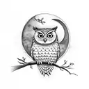 A wise owl perched on a branch with a crescent moon in the background tattoo design idea