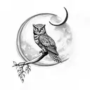 A wise owl perched on a branch with a crescent moon in the background tattoo design idea