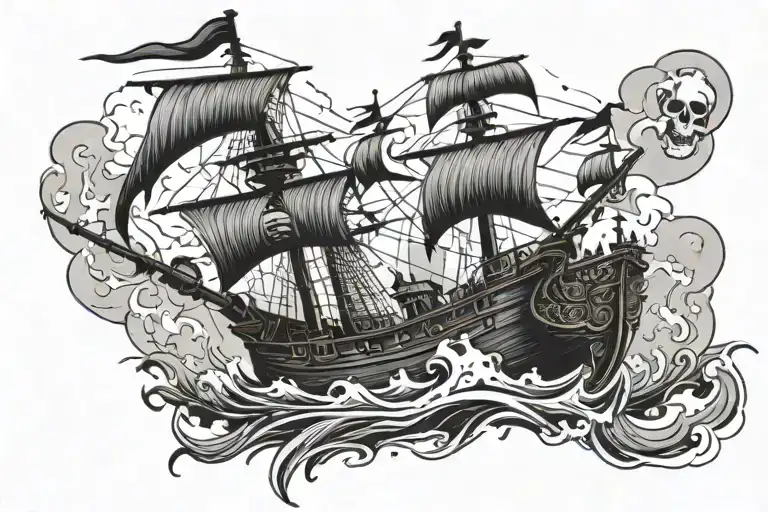 pirate boat sailing towards tattoo design idea