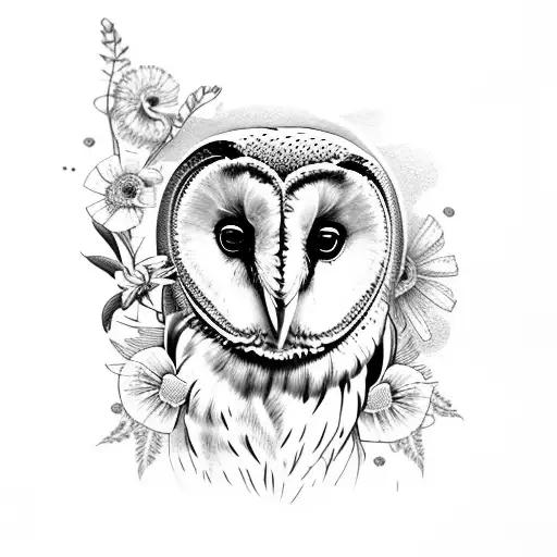 realistic barn owl with wild flowers tattoo design idea