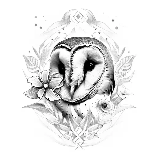 realistic barn owl with wild flower tattoo design idea