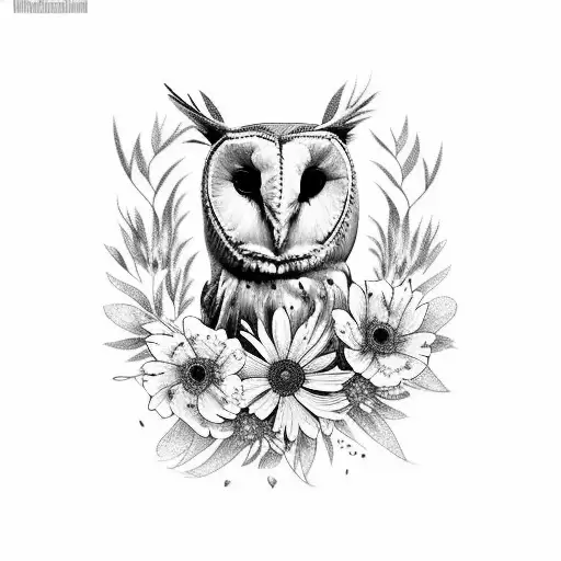 realistic barn owl full body with wild flowers tattoo design idea