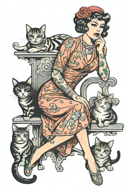 lady sitting with cats tattoo design idea