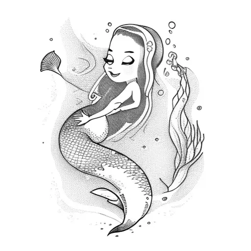 mermaid in the sea looking at a chipmunk on a rock  tattoo design idea