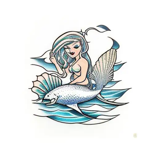 mermaid in the sea looking at a chipmunk on a rock  tattoo design idea