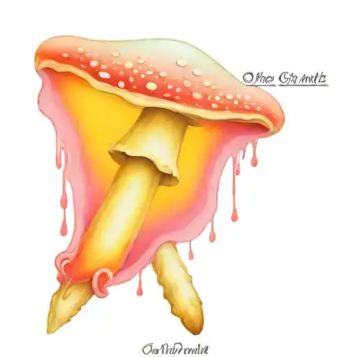 An amanita mushroom in trans pride colours with the text "They cannot kill us in a way that matters" circling around it. tattoo design idea