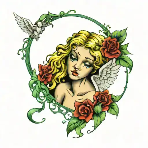 angel crying black tears and green vines all around tattoo design idea