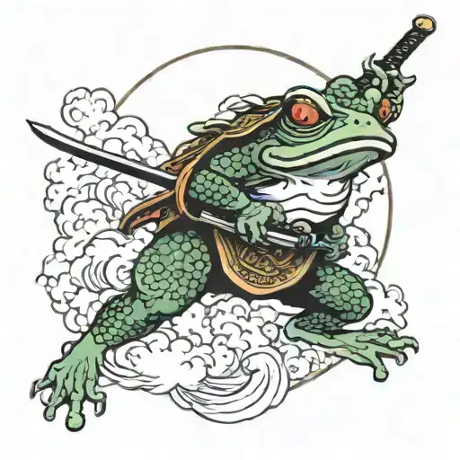 frog samurai with swords in the clouds tattoo design idea